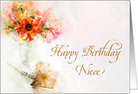 Niece Birthday Vintage Dip Pen with a Vase of Flowers card