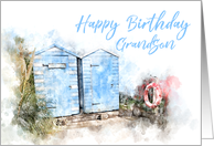 Happy Birthday Grandson Beach Huts Watercolor card