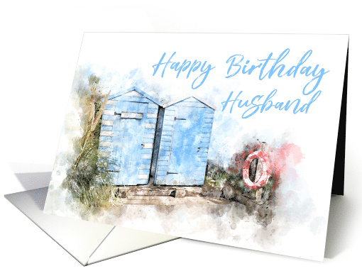 Happy Birthday Husband Beach Huts Watercolor card (1732798)