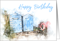 Happy Birthday Beach Huts Watercolor card