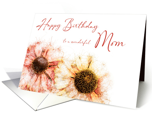 Wonderful Mom Birthday Two Hand Drawn Colored Helenium Flowers card