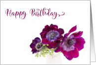 Happy Birthday Three Burgundy Anemone Coronaria Flowers card
