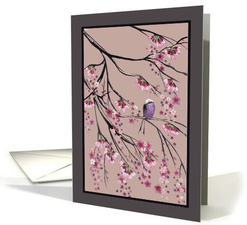 Blank Any Occasion Cherry blossom Tree with Bird Pink Painting card