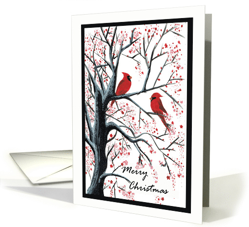 Merry Christmas Cherry Blossom Tree Cardinal Bird Painting card