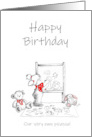 Happy Birthday Cute Little Girl drawing on Blackboard card