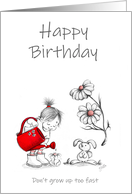Happy Birthday Sweet Little Girl Watering Flowers with Cute Rabbit