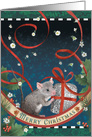 Mouse’s Surprise Gift with Holly, Ribbon, and Flowers card