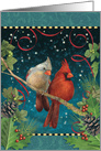 Pair of Cardinal Birds, Christmas greenery and red ribbons card