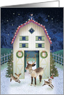 Decorated Christmas Barn with Reindeer card