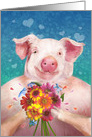 Valentines Day Big Pig Holding Flowers card