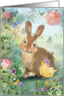 Easter Bunny and Chick in the Garden card