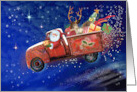 Christmas Flying Santa Red Farm Truck card