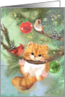 Kitty Cat Kitten in a Christmas Tree with Cardinal Birds card