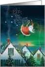 Santa Flying Over a Small Town at Christmas card