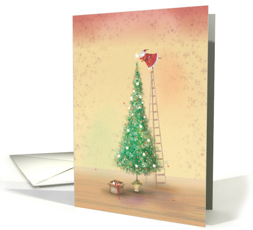 Santa Decorating a Tall Christmas Tree card (1535122)