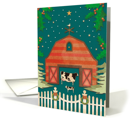 Primitive Christmas Barn with Cow, Calf, and Dove card (1538100)