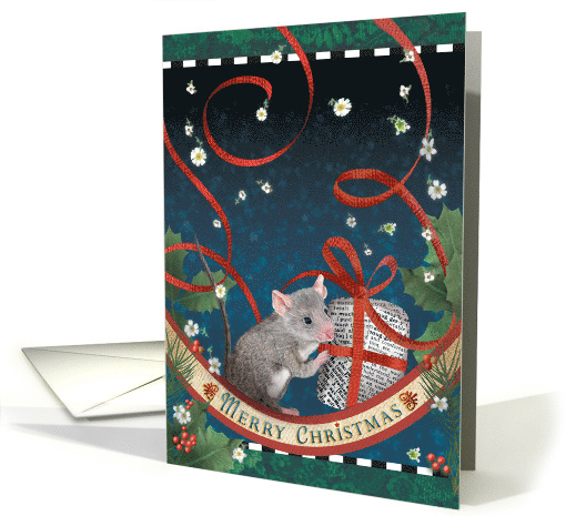 Mouse's Surprise Gift with Holly, Ribbon, and Flowers card (1538436)