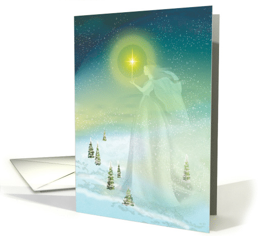 Angel and Glowing Star on Winter Landscape Blank card (1538974)