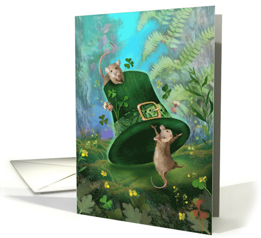 St. Patrick's Day Mice with Leprechaun's Hat and Shamrocks card