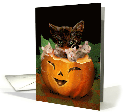 Pumpkin JackOLantern with Kitten and Mice Halloween card (1578346)