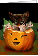 Pumpkin JackOLantern with Kitten and Mice Halloween card