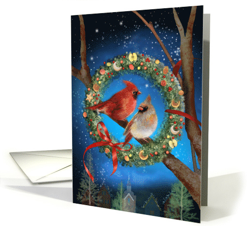 Christmas Cardinal Birds in a Holiday Wreath card (1580182)