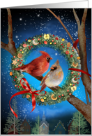 Christmas Cardinal Birds in a Holiday Wreath card