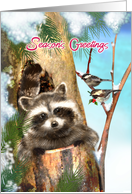 Season’s Greeting Raccoon and Chickadee Birds card