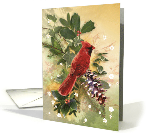 Christmas Bouquet with Cardinal Bird, Holly, Ivy, and Pine card