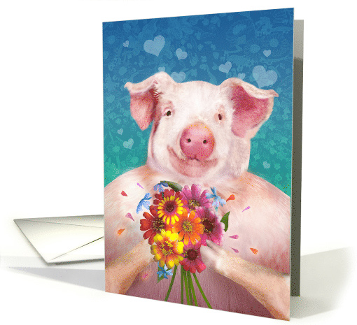 Valentines Day Big Pig Holding Flowers card (1597046)