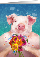 Valentines Day Big Pig Holding Flowers card