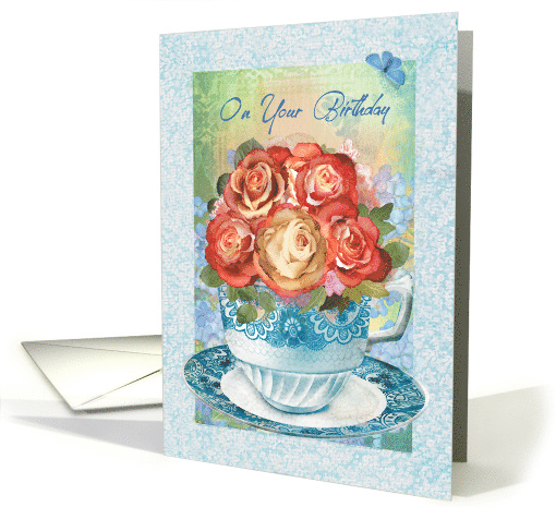 Roses in a Teacup Garden Floral Birthday card (1631752)