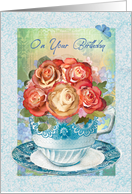 Roses in a Teacup Garden Floral Birthday card