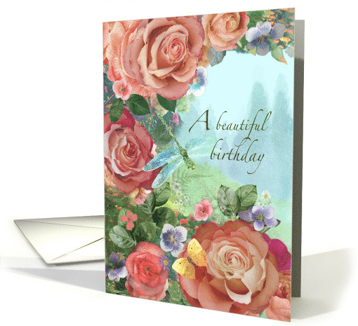 Rose Garden and Dragonfly Birthday card (1633102)