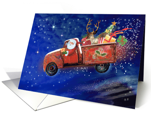 Christmas Flying Santa Red Farm Truck card (1703926)
