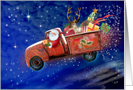 Christmas Flying Santa Red Farm Truck card