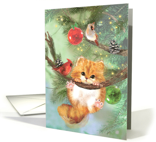 Kitty Cat Kitten in a Christmas Tree with Cardinal Birds card
