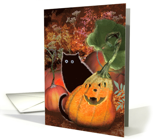 Kitty Cat Kitten and Scary Jack-O-Lantern Pumpkin Halloween card