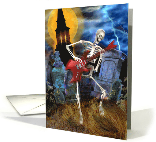 Mr. Bones Skeleton Playing Electric Guitar on Halloween card (1743846)