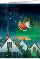 Santa Flying Over a Small Town at Christmas card