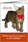 Personalized Name Cat On Roller Skates Party Hat Bandana Birthday card