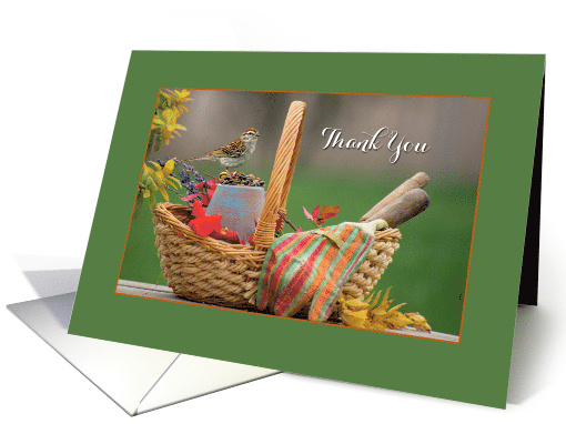 Sparrow in Gardening Basket on Flower Pot Green Thank You card