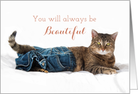 For Her Tabby Cat Wearing Blue Jeans Funny Birthday card