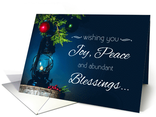 Oil Lantern Beneath Cedar Tree With Ornaments Christmas card (1582114)