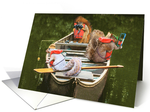 Three Squirrels In A Canoe With Life Jackets Funny Summer Camp card