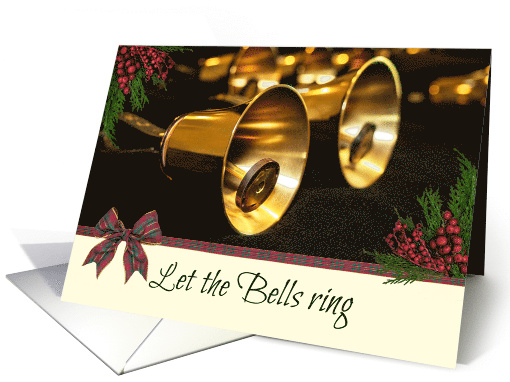 Let The Bells Ring Handbell With Greenery And Ribbon Christmas card