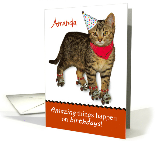 Personalized Name Cat On Roller Skates Party Hat Bandana Birthday card