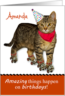 Personalized Name Cat On Roller Skates Party Hat Bandana Birthday card