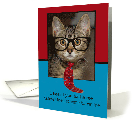 Funny Tabby Cat With Tie Glasses Hairbrain Scheme Retirement card