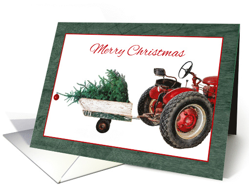 Tractor With Trailer Hauling Christmas Tree Merry Christmas card